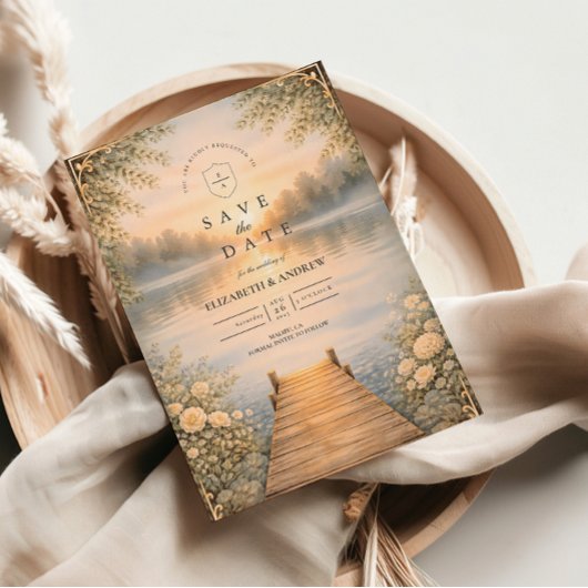Romantischer See Steg Wildblumen-Hochzeit Save The Date