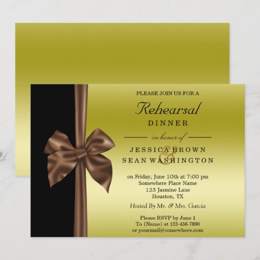Romantischer Seidenbow Gold & Black Probe Dinner Einladung (Vorne/Hinten)
