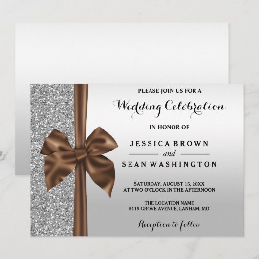 Romantischer Seidenbow Silver Glitzer & Black Wedd Einladung (Vorne/Hinten)