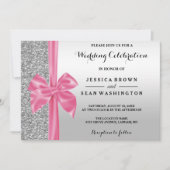 Romantischer Seidenbow Silver Glitzer & Black Wedd Einladung (Vorderseite)