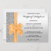 Romantischer Seidenbow Silver Glitzer & Black Wedd Einladung (Vorderseite)