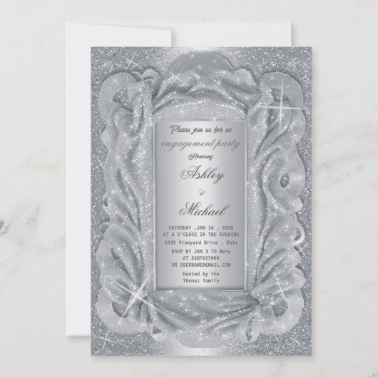 Romantischer Silberchiffon funkelnd Glitzer Einladung (Rückseite)