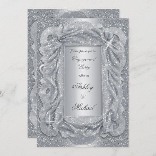 Romantischer Silberchiffon funkelnd Glitzer Einladung (Vorne/Hinten)
