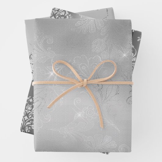 Romantischer silberfarbener Spitzenmarmor Geschenkpapier Set (Beispiel)