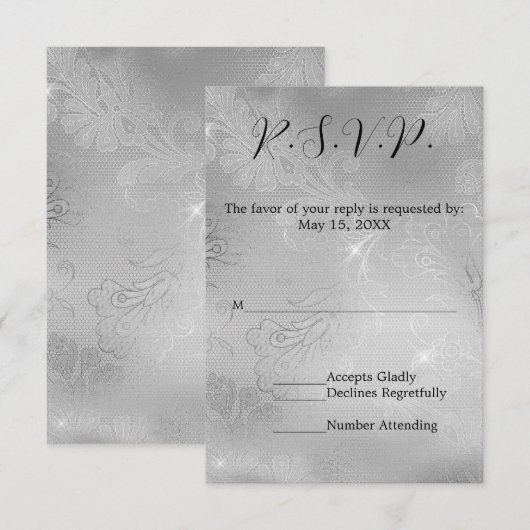Romantischer Silberlace Wedding RSVP Karte (Vorne/Hinten)