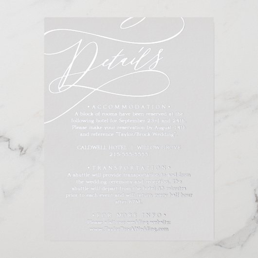 Romantischer Silberstreifen | Gray Wedding Details Folie Einladungspostkarte (Vorderseite)