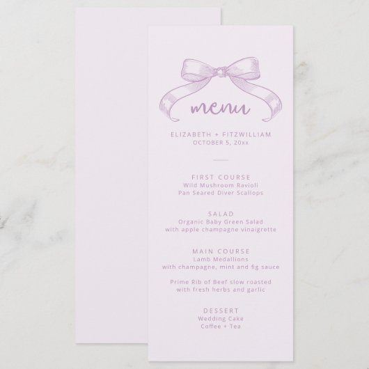 Romantischer Sketched Bow | Lilac Background Weddi Menükarte (Vorne/Hinten)