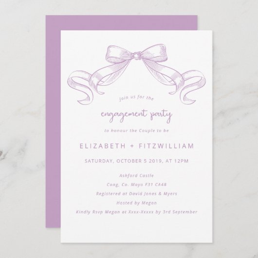 Romantischer Sketched Bow | Lilac Engagement Party Einladung (Vorne/Hinten)