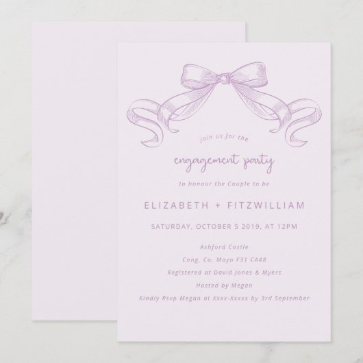 Romantischer Sketched Bow | Lilac Engagement Party Einladung (Vorne/Hinten)