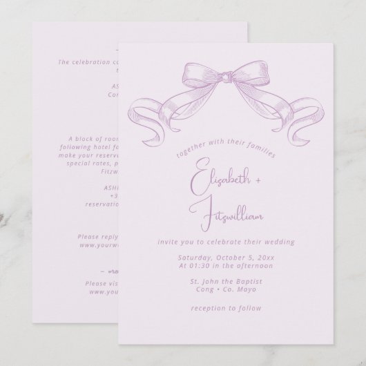 Romantischer Sketched Bow | Lilac Front + Back Wed Einladung (Vorne/Hinten)