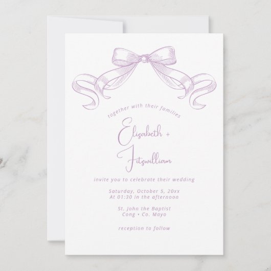 Romantischer Sketched Bow | Lilac Front + Back Wed Einladung (Vorderseite)