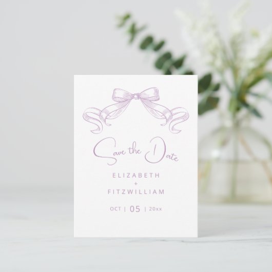 Romantischer Sketched Bow | Lilac Save the Date Postkarte (Stehend Vorderseite)