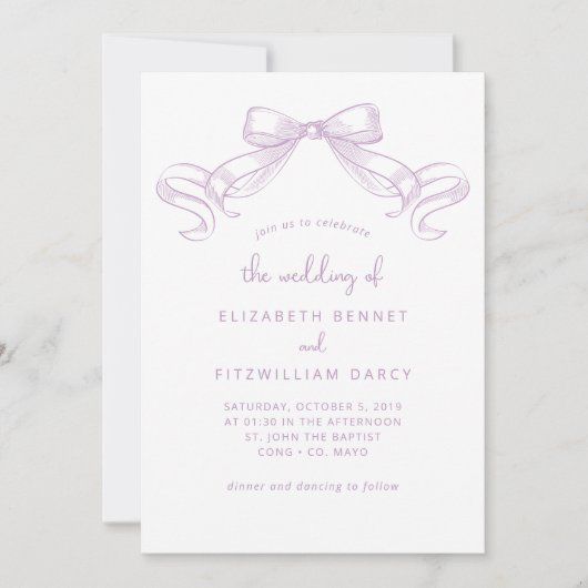 Romantischer Sketched Bow | Lilac Wedding of Einladung (Vorderseite)