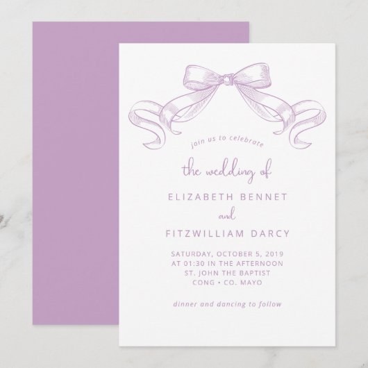 Romantischer Sketched Bow | Lilac Wedding of Einladung (Vorne/Hinten)