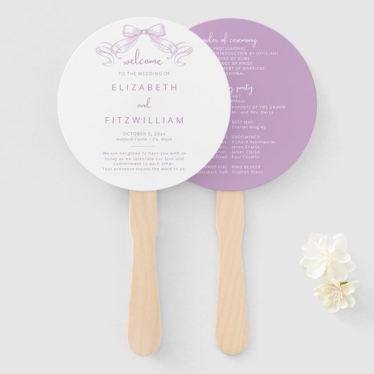 Romantischer Sketched Bow | Lilac Wedding Program Fächer (Vorne und Hinten)