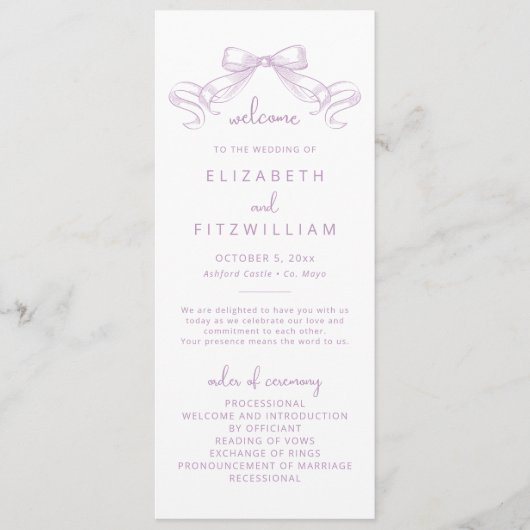 Romantischer Sketched Bow | Lilac Wedding Programm (Vorderseite)