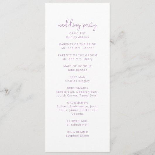 Romantischer Sketched Bow | Lilac Wedding Programm (Rückseite)