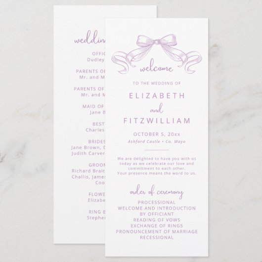 Romantischer Sketched Bow | Lilac Wedding Programm (Vorne/Hinten)
