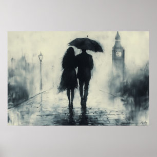 Romantischer Spaziergang im Regen unter Big Ben Poster