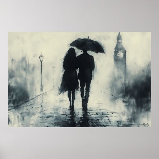 Romantischer Spaziergang im Regen unter Big Ben Poster (Vorne)