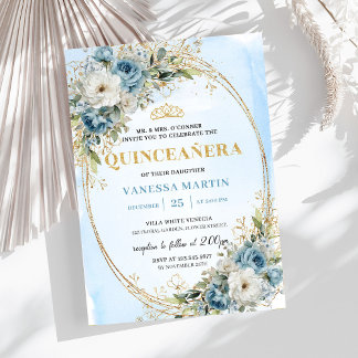 Romantischer Staubblauer Goldgrüner Quinceañera Einladung