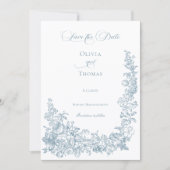Romantischer staubblauer Line-Art-Blumenhochzeit Save The Date (Vorderseite)