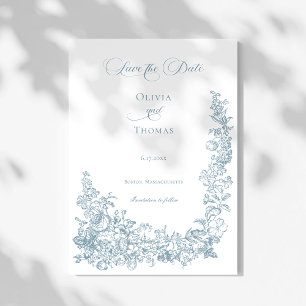 Romantischer staubblauer Line-Art-Blumenhochzeit Save The Date