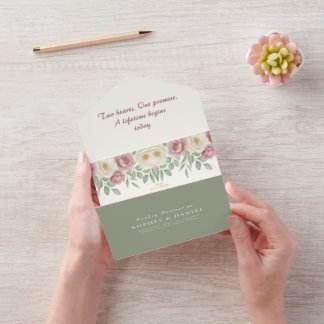 Romantischer Staubrosé Pfingstrosen Blumenhochzeit All In One Einladung