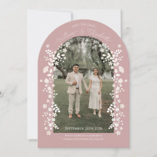 Romantischer Staubrosen-Blumenbogen Save-the-Date- Einladung