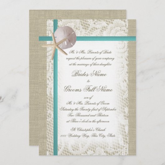 Romantischer Strand Burlap und Lace Aqua Einladung (Vorne/Hinten)