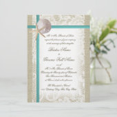Romantischer Strand Burlap und Lace Aqua Einladung (Stehend Vorderseite)