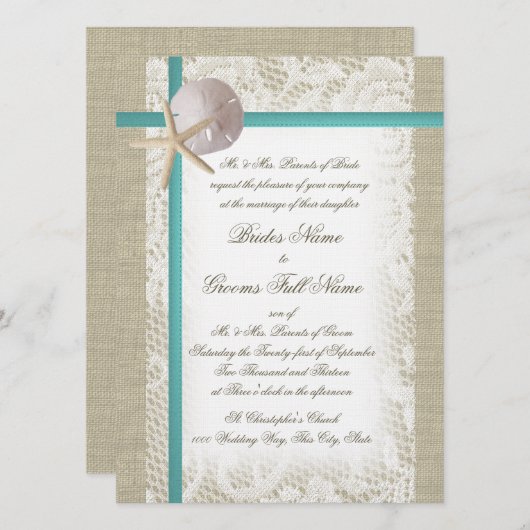 Romantischer Strand Burlap und Lace Aqua Einladung (Vorne/Hinten)