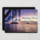 Romantischer Strand Lila Sunset Hochzeitsempfang Einladung (Vorne/Hinten)