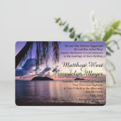 Romantischer Strand Lila Sunset Hochzeitsempfang Einladung (Stehend Vorderseite)