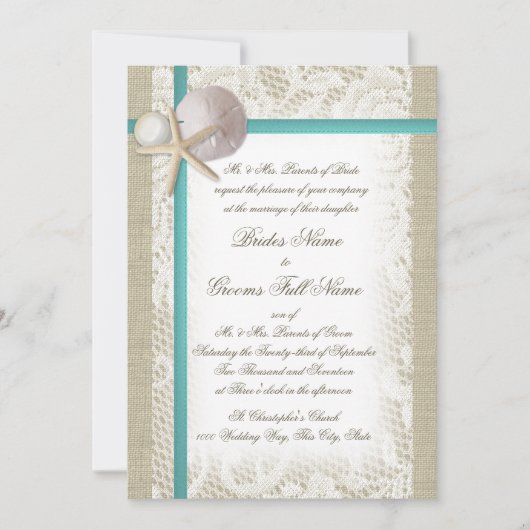 Romantischer Strand und Pearl Aqua Einladung (Vorderseite)