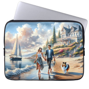 Romantischer Strandhaus-Sonnenuntergangsspaziergan Laptopschutzhülle