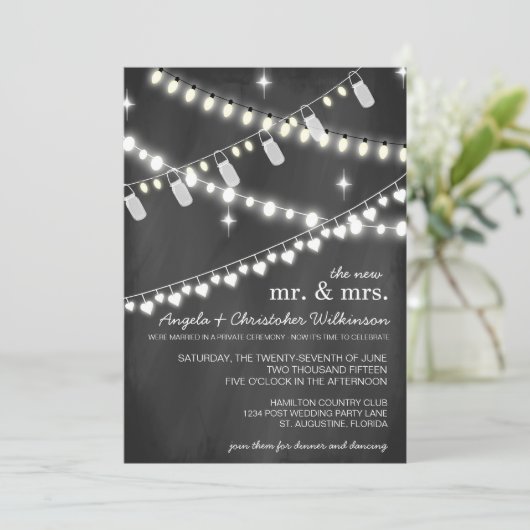 Romantischer String Lights Empfang nur Einladung (Stehend Vorderseite)