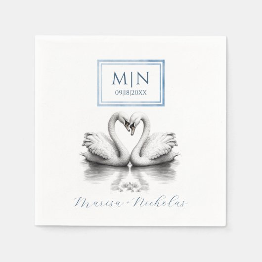 Romantischer Swan Wedding Napkins Blue Monogram Serviette (Vorderseite)