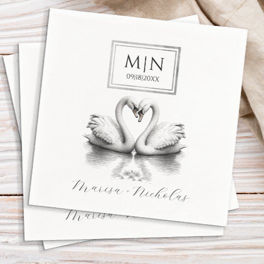 Romantischer Swan Wedding Napkins | Schwarz und We Serviette
