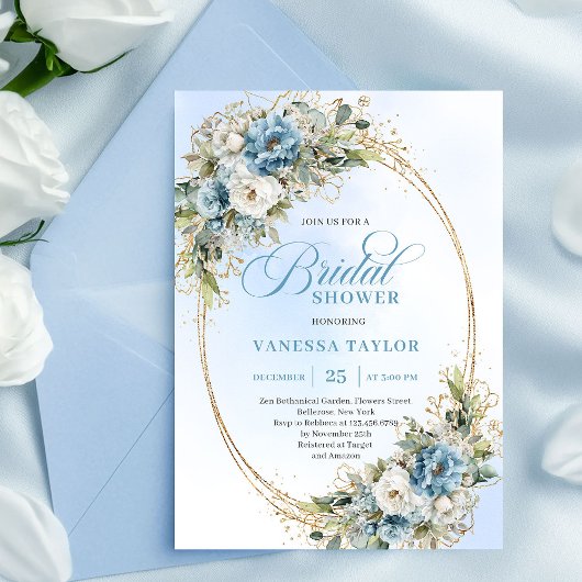 Romantischer verstaubter blauer Blumenstrauß Eukal Einladung