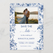 Romantischer verstaubter blauer Toile-Blumen-Foto Save The Date (Vorderseite)