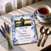 Romantischer verstaubter blauer Toile-Blumen-Foto Save The Date