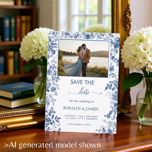 Romantischer verstaubter blauer Toile-Blumen-Foto Save The Date