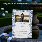 Romantischer verstaubter blauer Toile-Blumen-Foto Save The Date