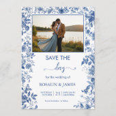 Romantischer verstaubter blauer Toile-Blumen-Foto Save The Date (Vorderseite)