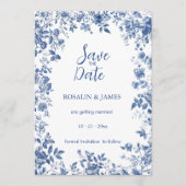 Romantischer verstaubter blauer Toile-Blumenstoff Save The Date (Vorderseite)