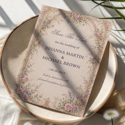 Romantischer Vintage-Blumenbogen Save The Date
