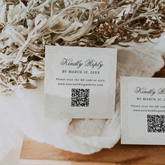 Romantischer Vintage-Spitzenrahmen QR-Code Hochzei Begleitkarte