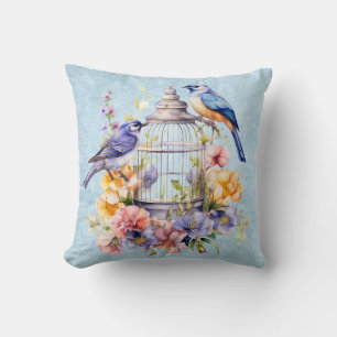 Romantischer Vintage-Wasserfarben-Blumen-Vogelkäfi Kissen