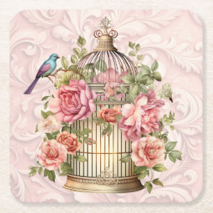 Romantischer Vintage-Wasserfarben-Blumen-Vogelkäfi Rechteckiger Pappuntersetzer